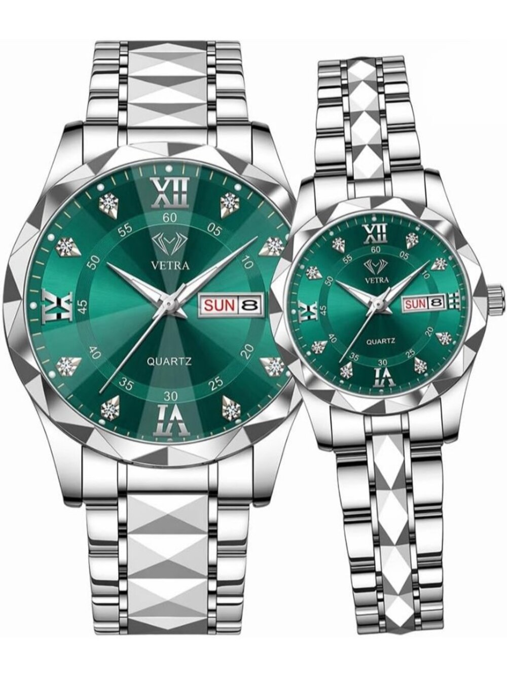 Men Women's Silver band and Green dial Watches Set Luxury Diamond for Couple
